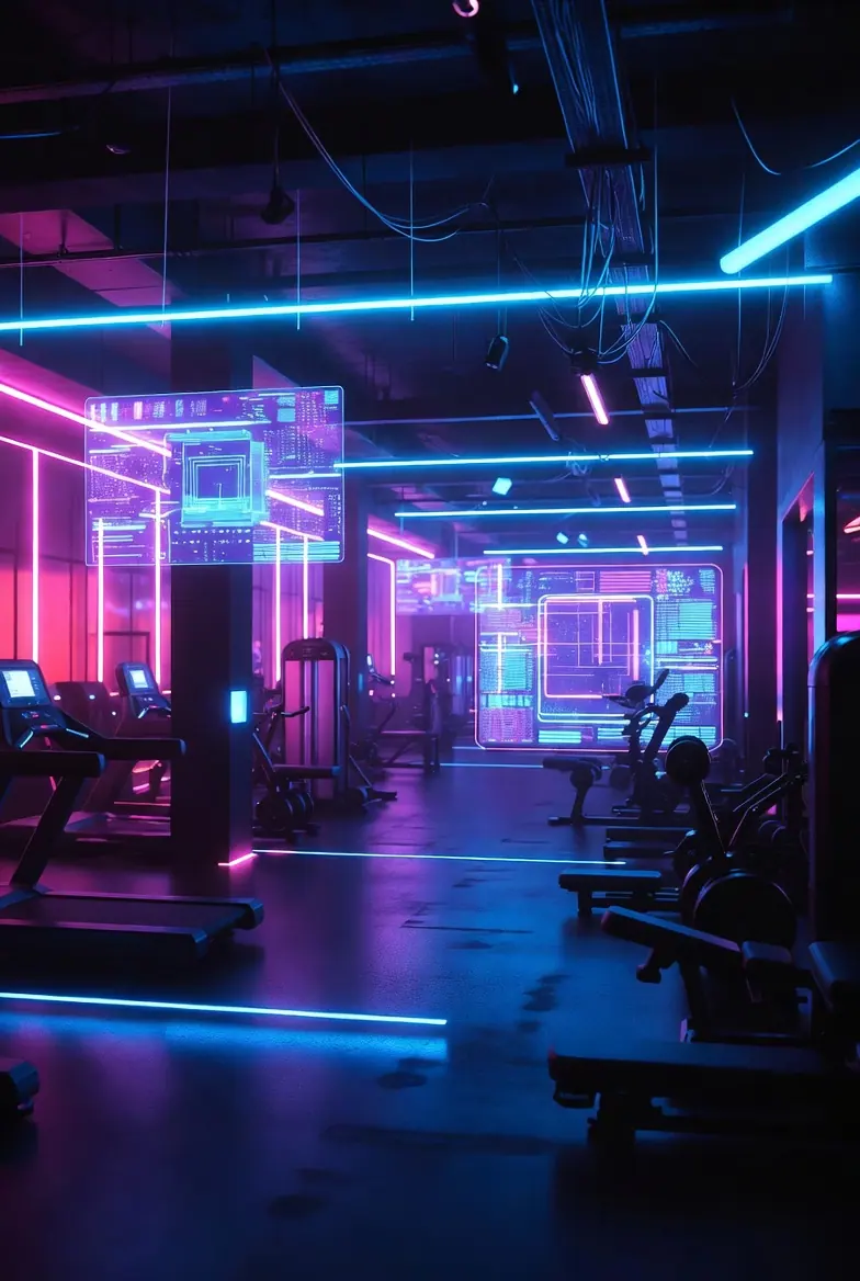 Neon-lit gym environment with cyan and magenta lighting